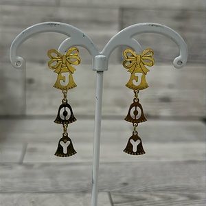 Vintage Christmas gold joy bell dangling earrings